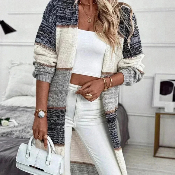 Multicolor Casual Women's Patchwork Loose Dual Pocket Long Cardigan - Picture 5 of 6